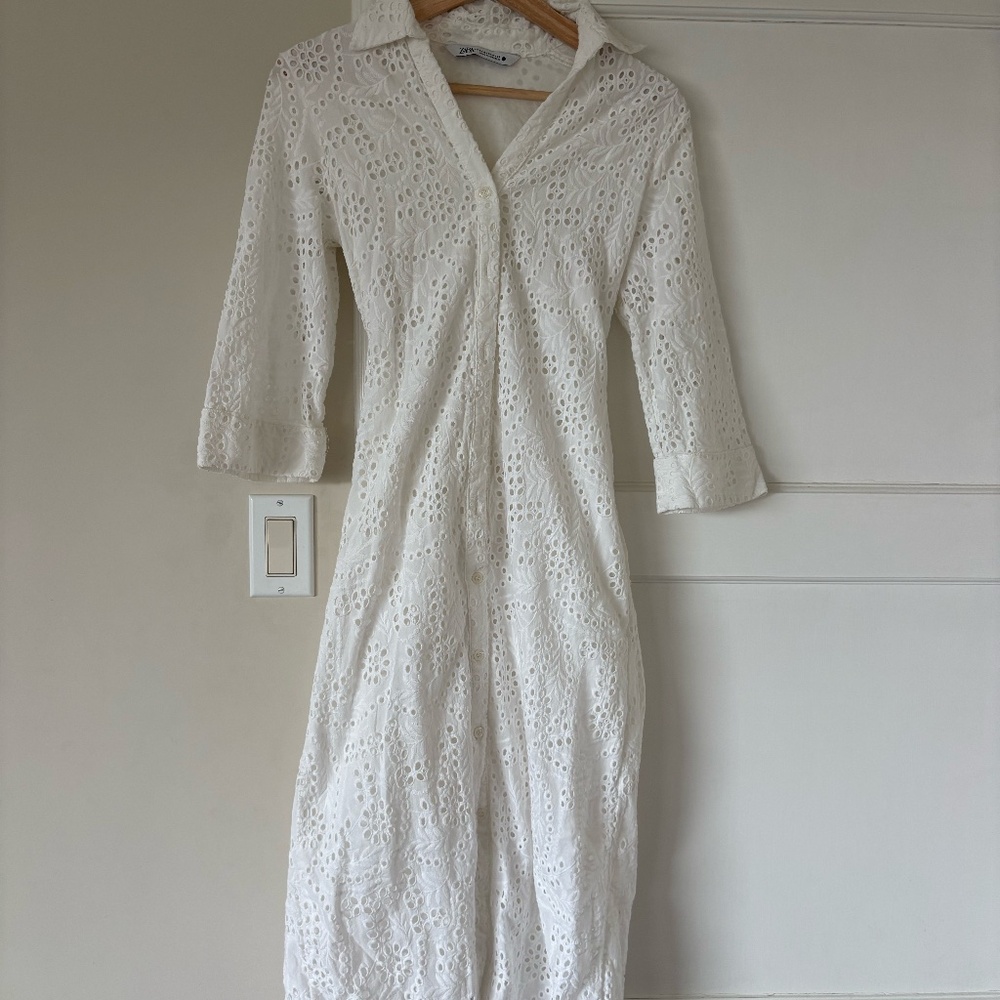 Zara White Embroidered Maxi Dress with Belt Die